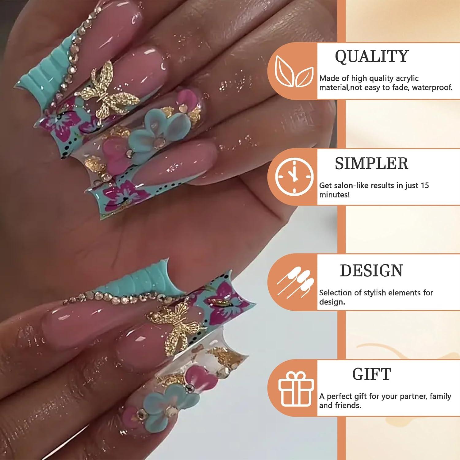 GlamRays Lange Press on Nägel French Tip Blau Gold 3D Schmetterling Pink 24 Stk