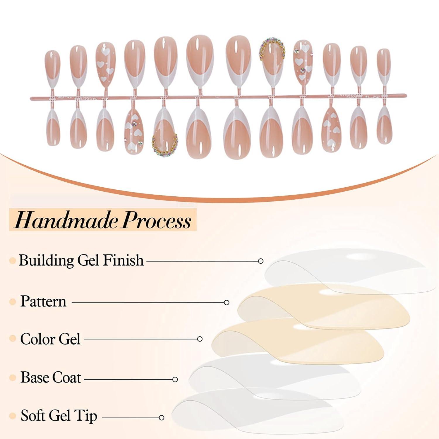 24x Mittelgroße Weiße French Tip Press On Nägel mit Juwel Design