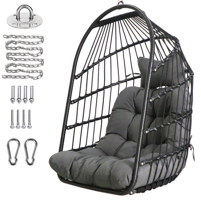 Faltbarer Rattan Hängesessel mit Kissen & Edelstahl Aufhängung