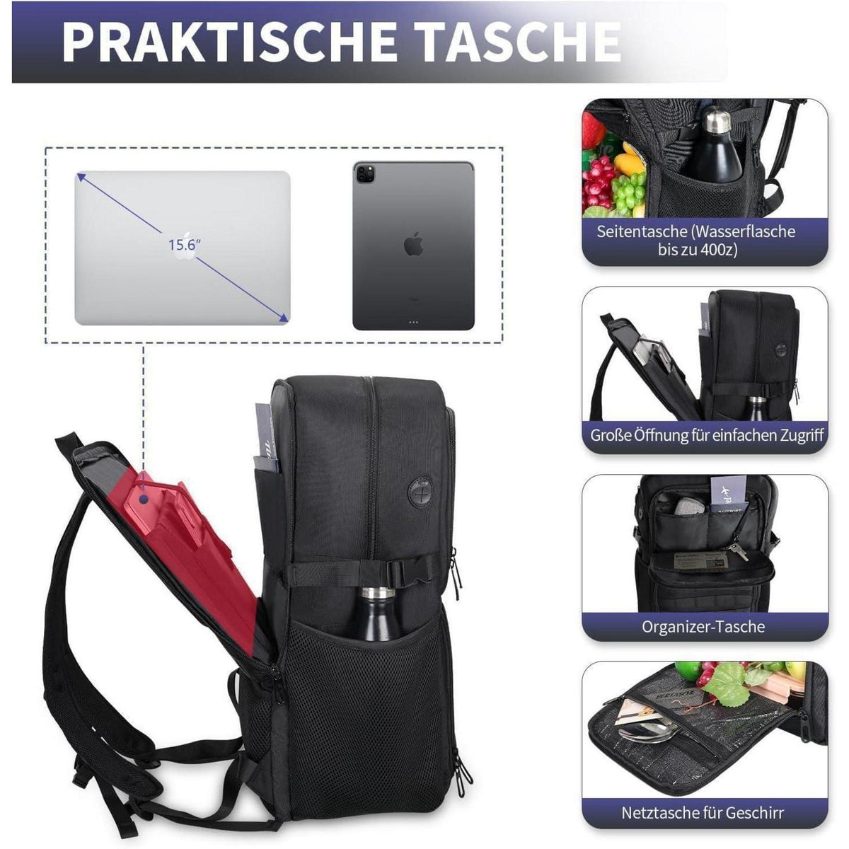 17.3 Zoll Laptop Rucksack mit Kühlfach & Molle-System Schwarz
