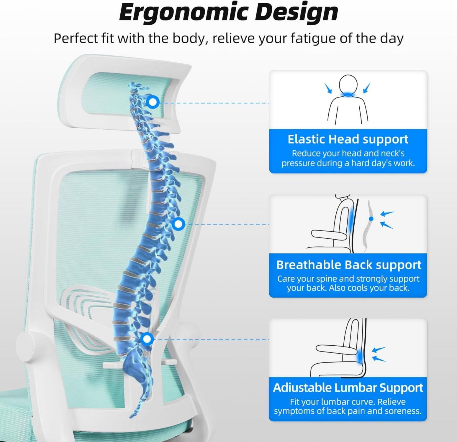 Ergonomischer Bürostuhl mit Verstellbarer Kopfstütze, Armlehnen, Lendenwirbelstütze, Drehstuhl Wippfunktion, Chefsessel aus
