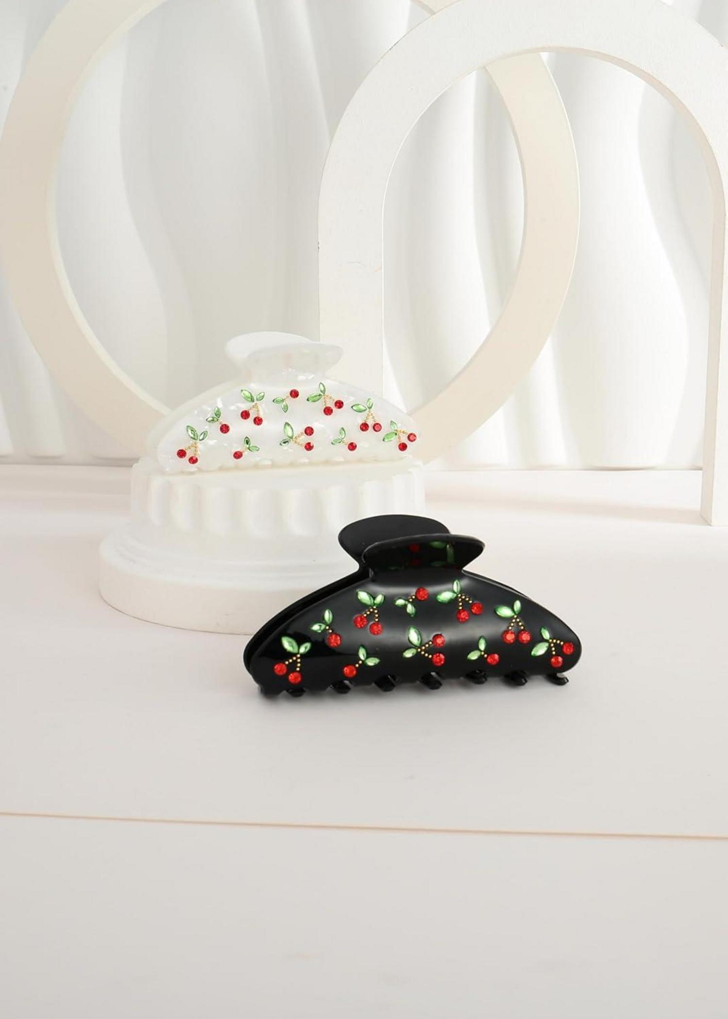 Haarspangen-Set Damen Schwarz Weiß Kirschmuster Strasssteinen