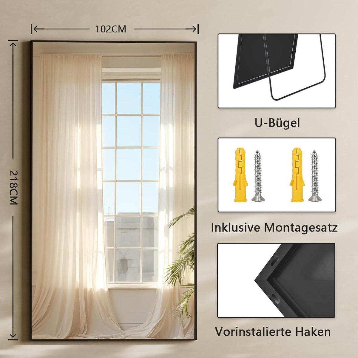 Großer Stand- & Wandspiegel 102x218 cm – Schwarz