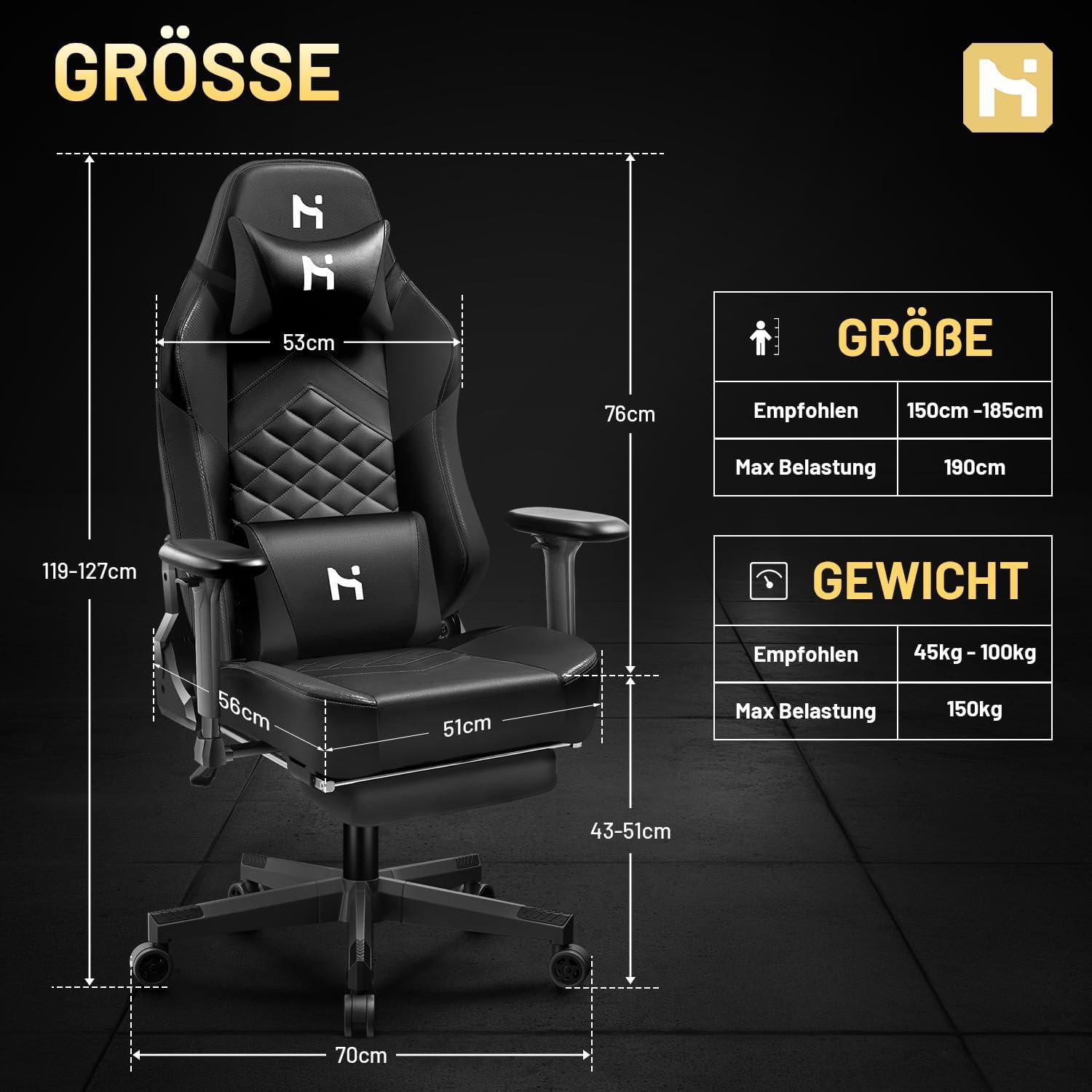 Ergonomischer Gaming Stuhl Schwarz 90-165° verstellbar