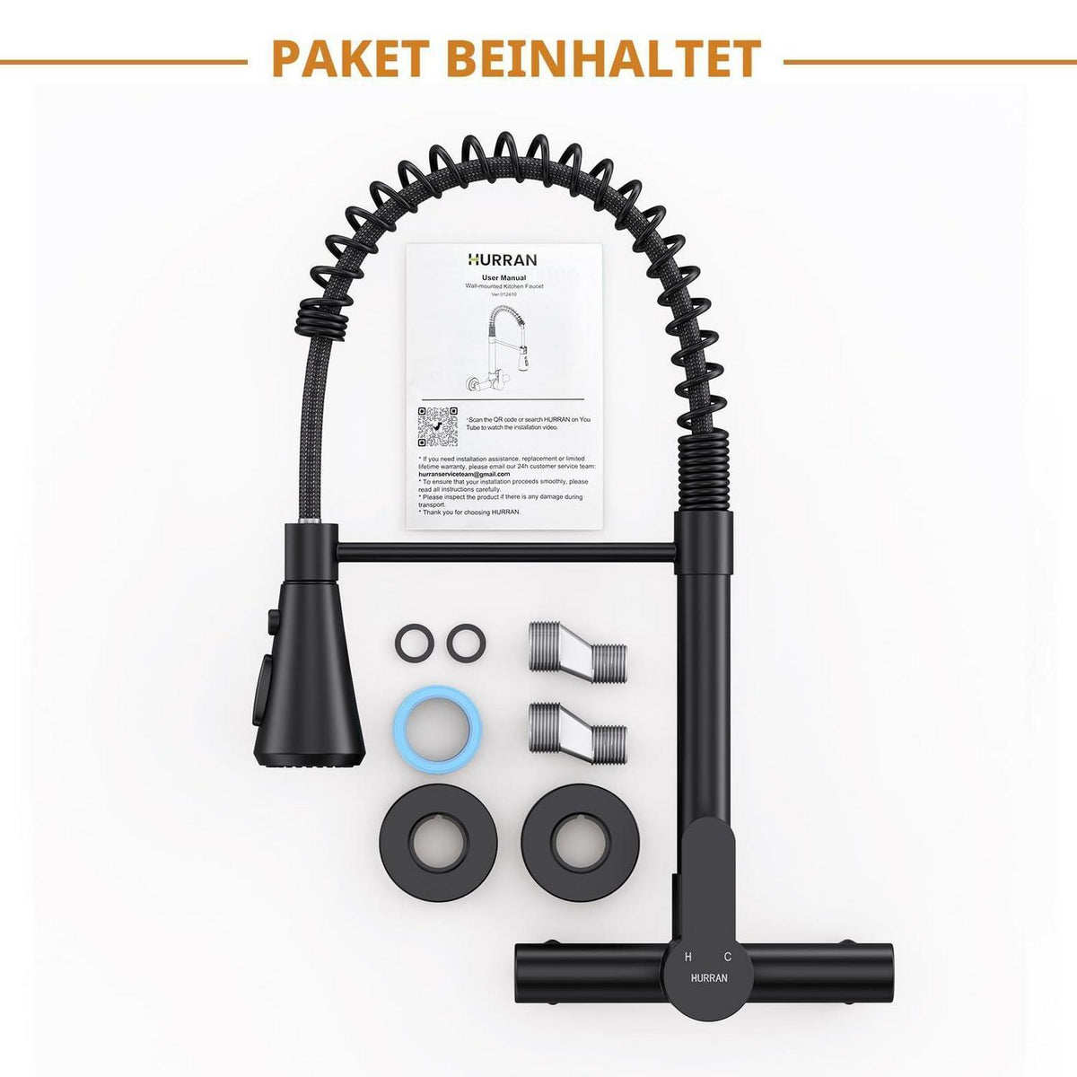 Küchenarmatur Wandmontage Schwarz Matt mit Flexibler Brause