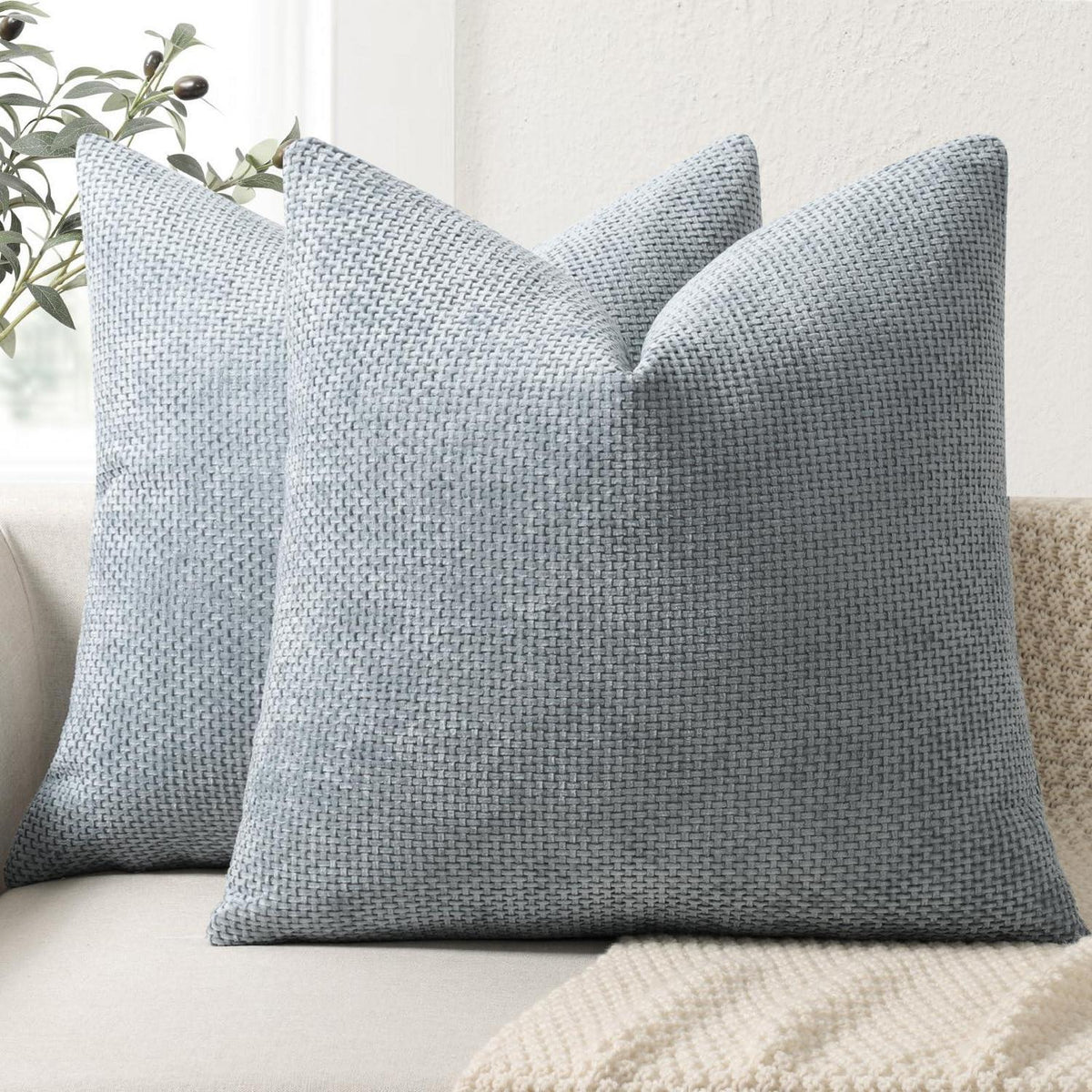 Chenille Kissenbezug 50x50 - Staubblau, 2er Set
