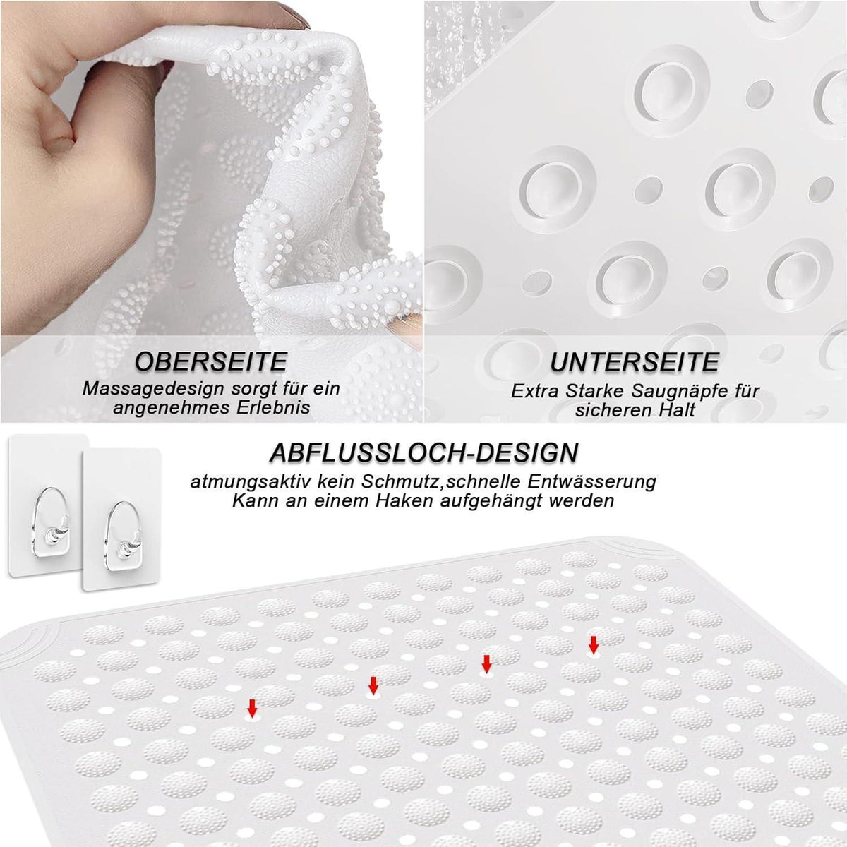 Rutschfeste Duschmatte 80x80 cm – Weiße PVC-Duscheinlage mit Saugnäpfen