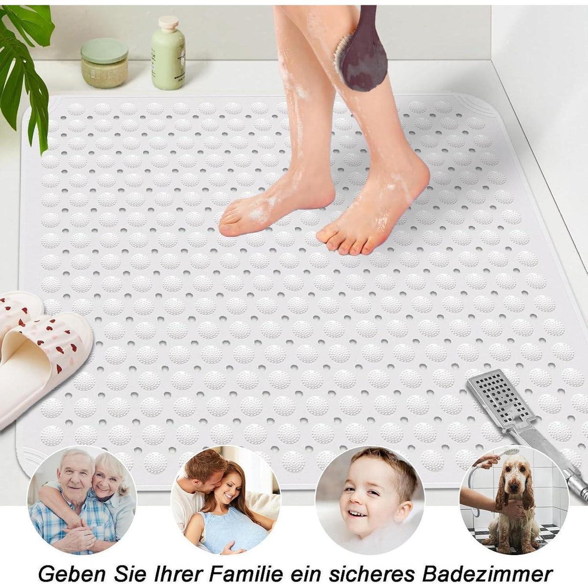 Rutschfeste Duschmatte 80x80 cm – Weiße PVC-Duscheinlage mit Saugnäpfen