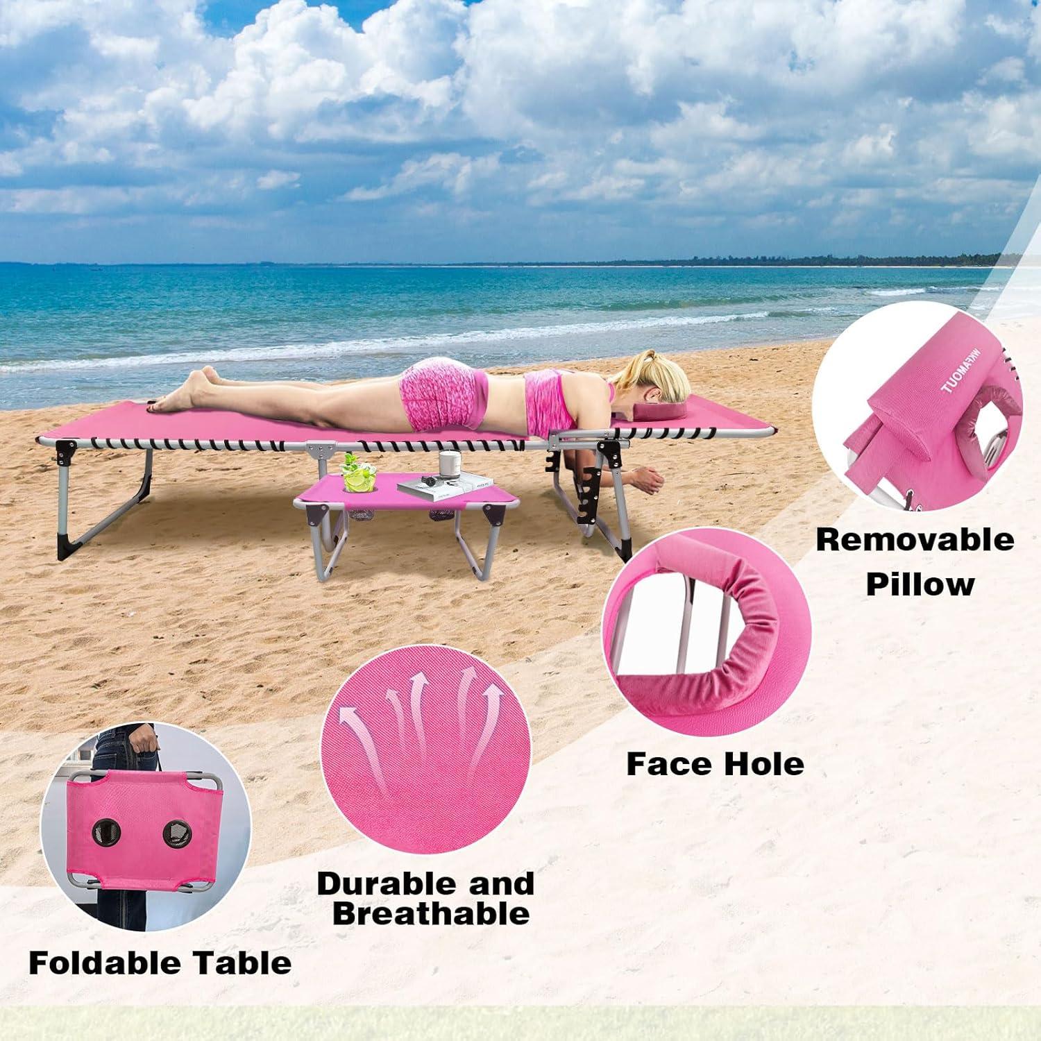 Sonnenliege Klappbar 5-Stufig Verstellbar mit Loch für Gesicht Arme Klapptisch Kissen 190x59CM Rose