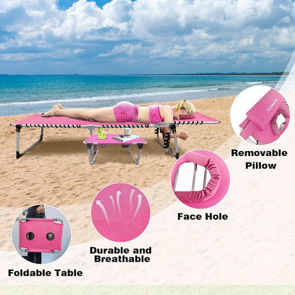Sonnenliege Klappbar 5-Stufig Verstellbar mit Loch für Gesicht Arme Klapptisch Kissen 190x59CM Rose
