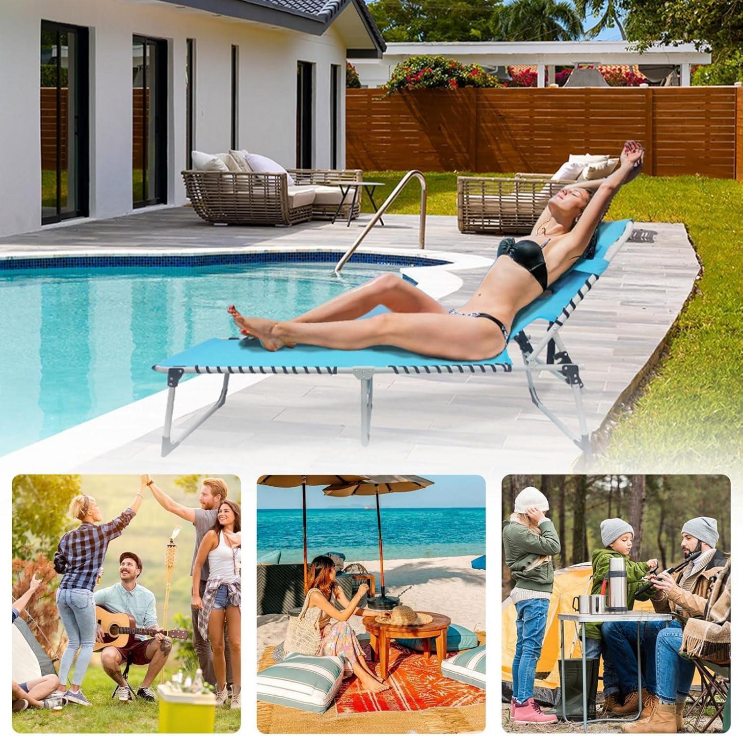 Klappbare Sonnenliege mit Klapptisch und Kissen Blau 190x59CM