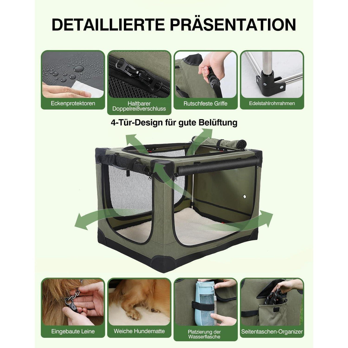 Faltbare Hundebox für mittelgroße Hunde – Grün 76x54x54cm
