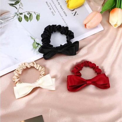 3er Set Seiden Haargummis mit Schleife in Schwarz, Rot, Beige