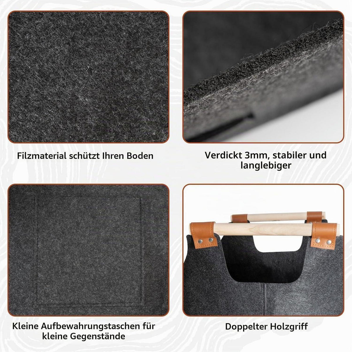 Faltbarer Holzkorb Filztasche Dunkelgrau – 50x32x40 cm