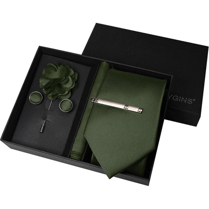 Herren Krawatten-Set Olivgrün mit Accessoires – Geschenk für Business & Hochzeit