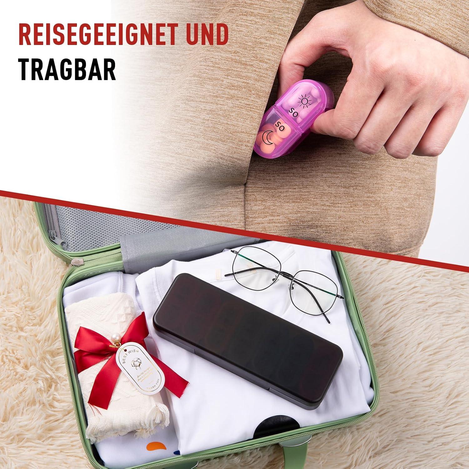 Tablettenbox 7 Tage BPA frei, Medikamentenbox 2 Fächer schwarz