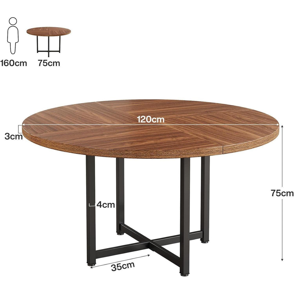 Runder Esstisch 120cm | Industrieller Küchentisch Schwarz & Rustikales Braun