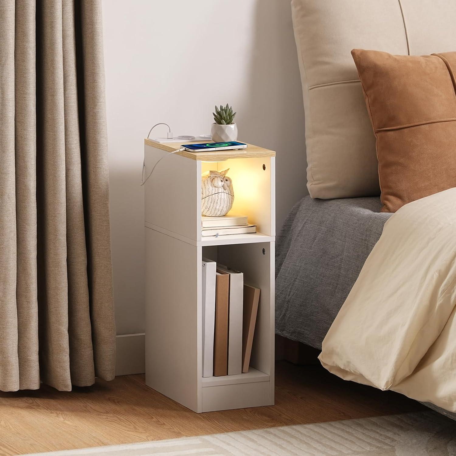 MAHANCRIS 2er-Set Beistelltische mit Ladestation und LED-Licht in Braun und