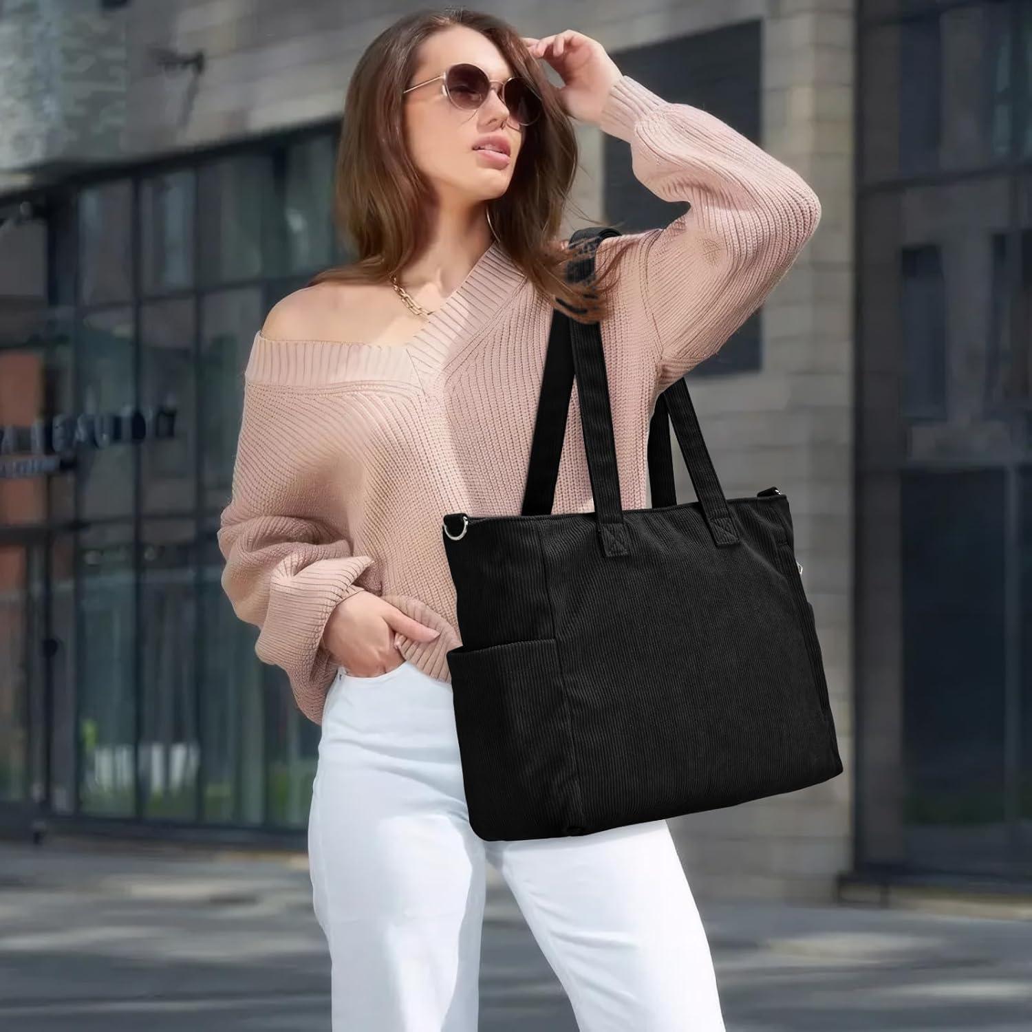 Große Cord Tote Bag Shopper Damen Umhängetasche Crossbody Handtasche