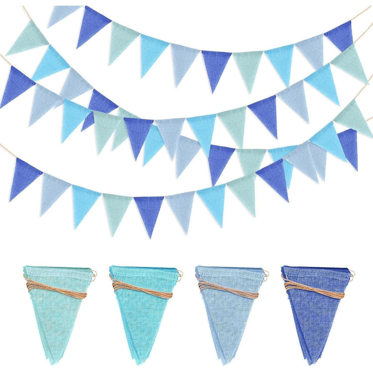 Jute Wimpelkette Blau, 4 Girlanden, 48 Vintage Leinen Wimpel