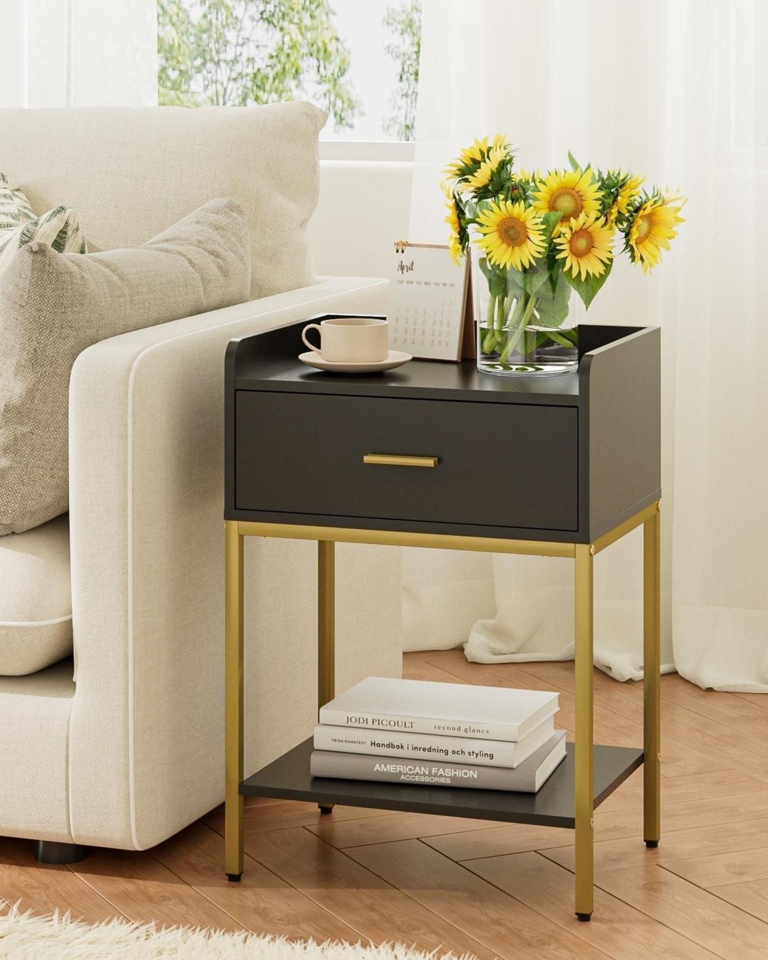 Schwarzer 3-Tier Nachttisch mit Schublade und Regal