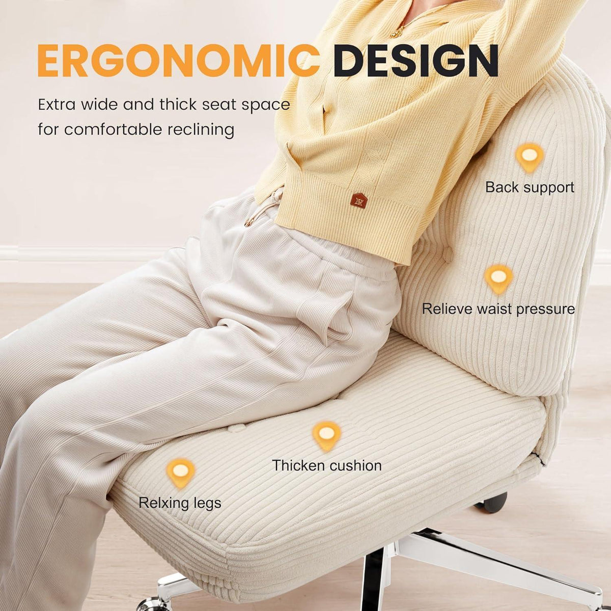 Ergonomischer Bürostuhl ohne Armlehne, Weiß mit Rollen
