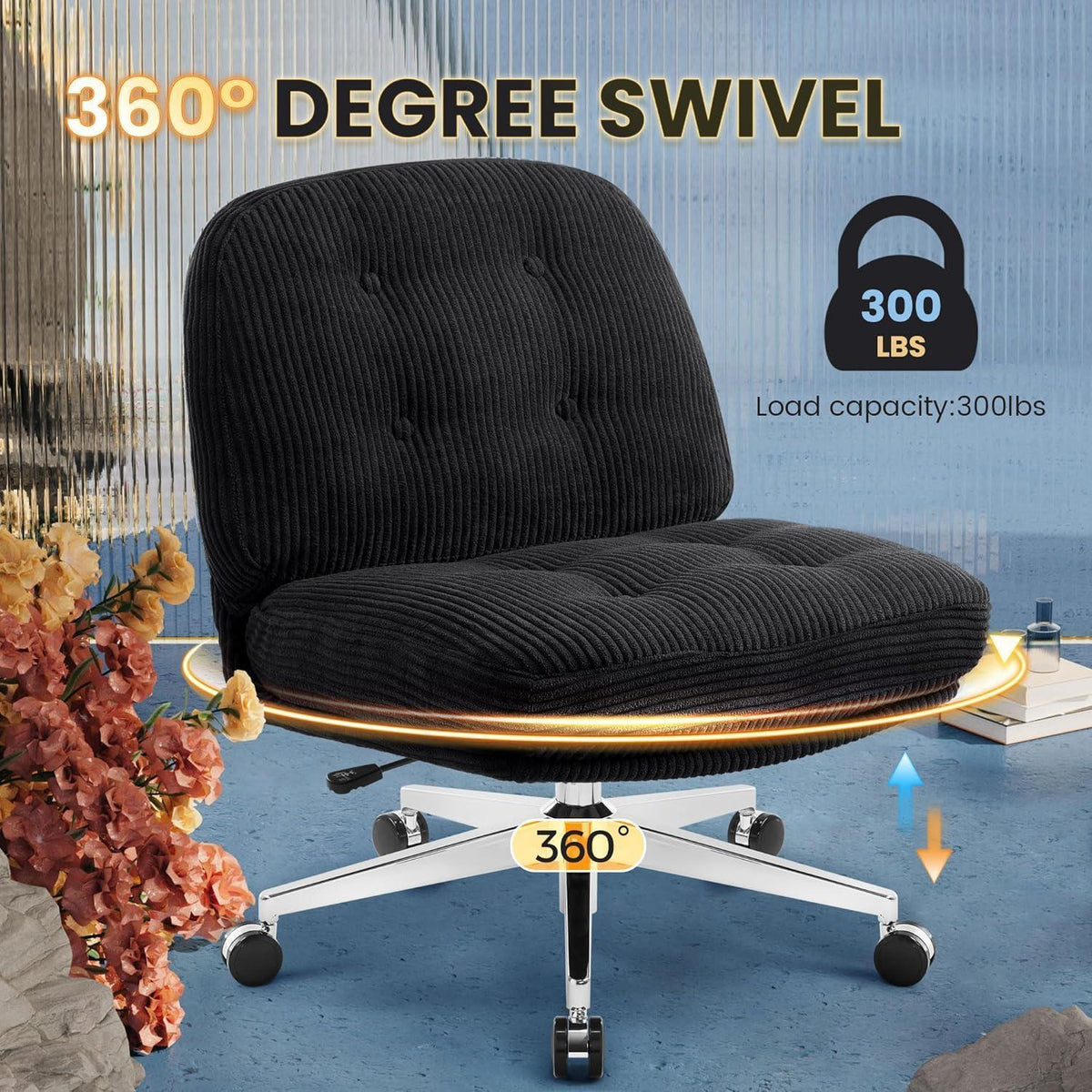 Ergonomischer Bürostuhl ohne Armlehne, Cord, Schwarz mit Rollen
