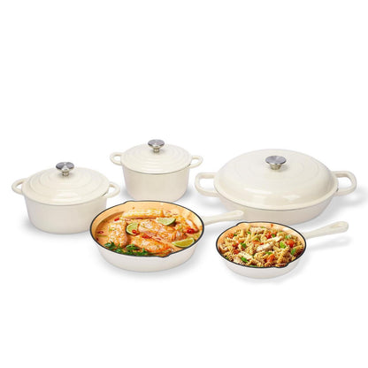 8-teiliges Emaille Gusseisen Kochgeschirr Set – Weiß