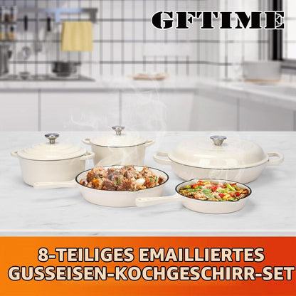 8-teiliges Emaille Gusseisen Kochgeschirr Set – Weiß