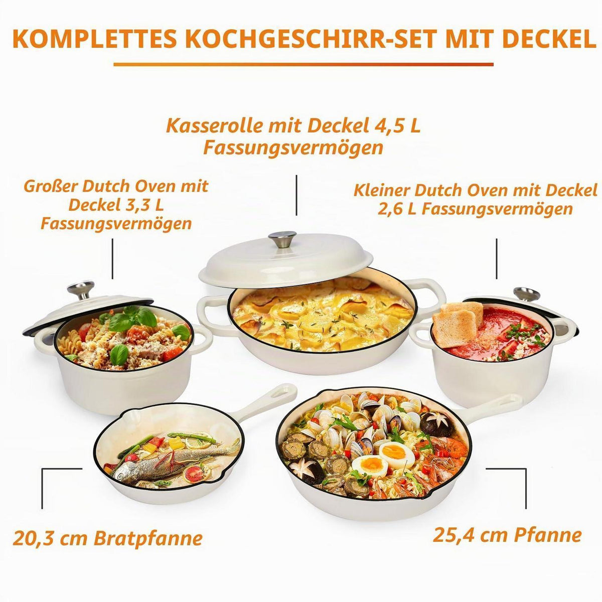 8-teiliges Emaille Gusseisen Kochgeschirr Set – Weiß