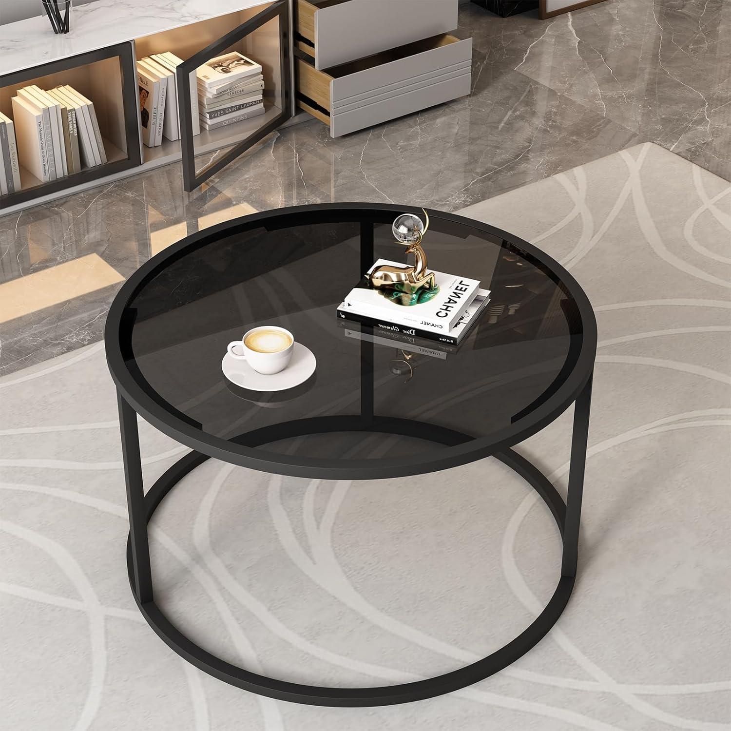 Runder Glas-Couchtisch Schwarz, Modernes Design, einfach zu montieren