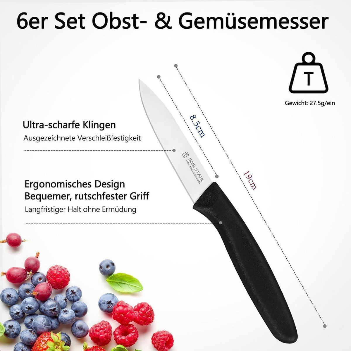 6-tlg. Edelstahl Obstmesser Set mit PP-Griff