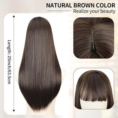 Lange braune Perücke mit Pony – glattes Haar für Damen