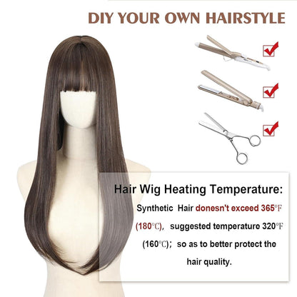 Lange braune Perücke mit Pony – glattes Haar für Damen
