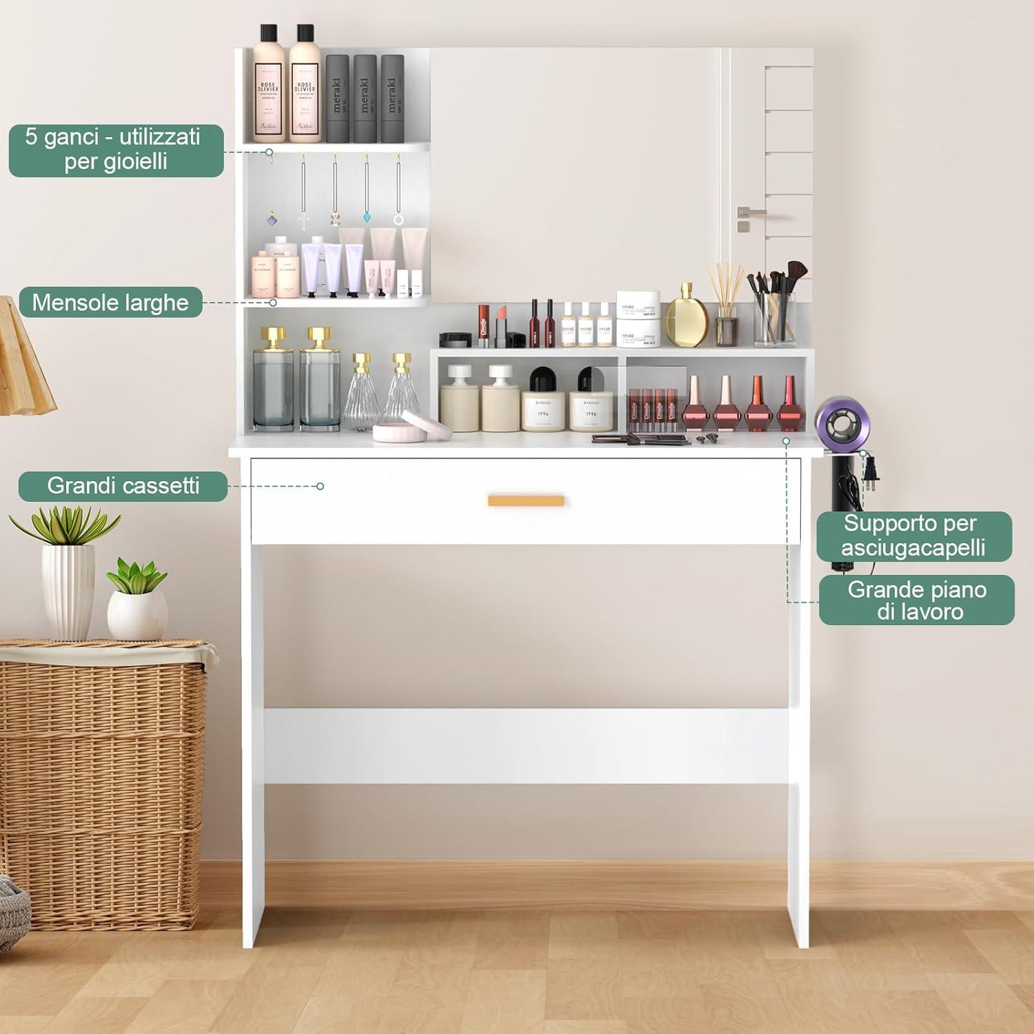 Schminktisch mit Spiegel und Schublade in Weiß 90x40x135cm