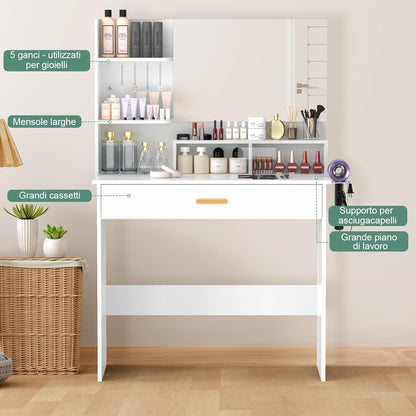Schminktisch mit Spiegel und Schublade in Weiß 90x40x135cm