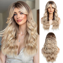 Ombre Blonde Lange Gewellte Synthetische Perücke mit Pony