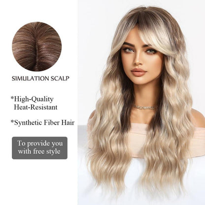 Ombre Blonde Lange Gewellte Synthetische Perücke mit Pony