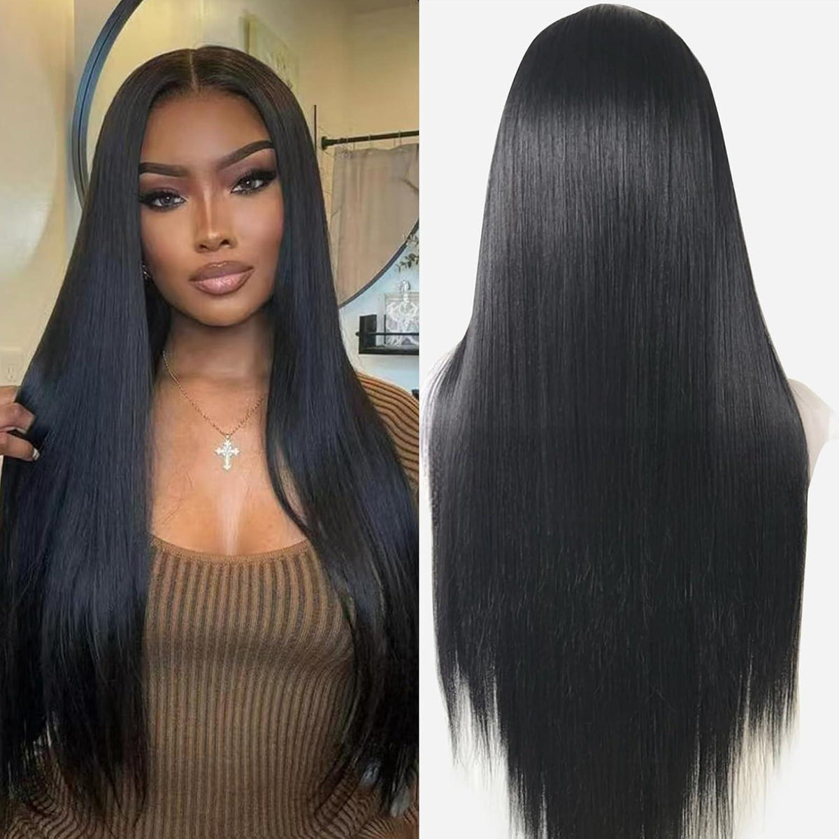 30 Zoll Schwarze Glatte Lace Front Perücke mit Kappe & Stirnband