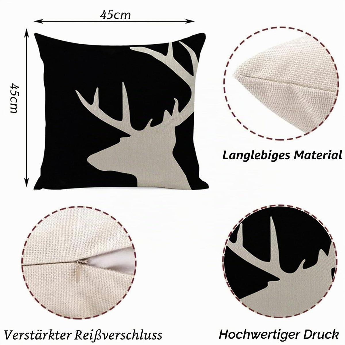 4er Set Kissenbezüge Hirschhorn Leinen 45x45 cm