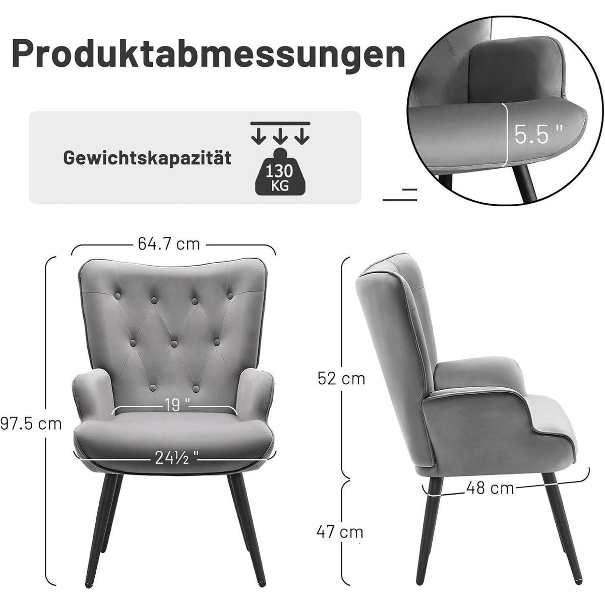 Ohrensessel Samt Grau – Skandinavischer Relaxsessel für Wohnzimmer