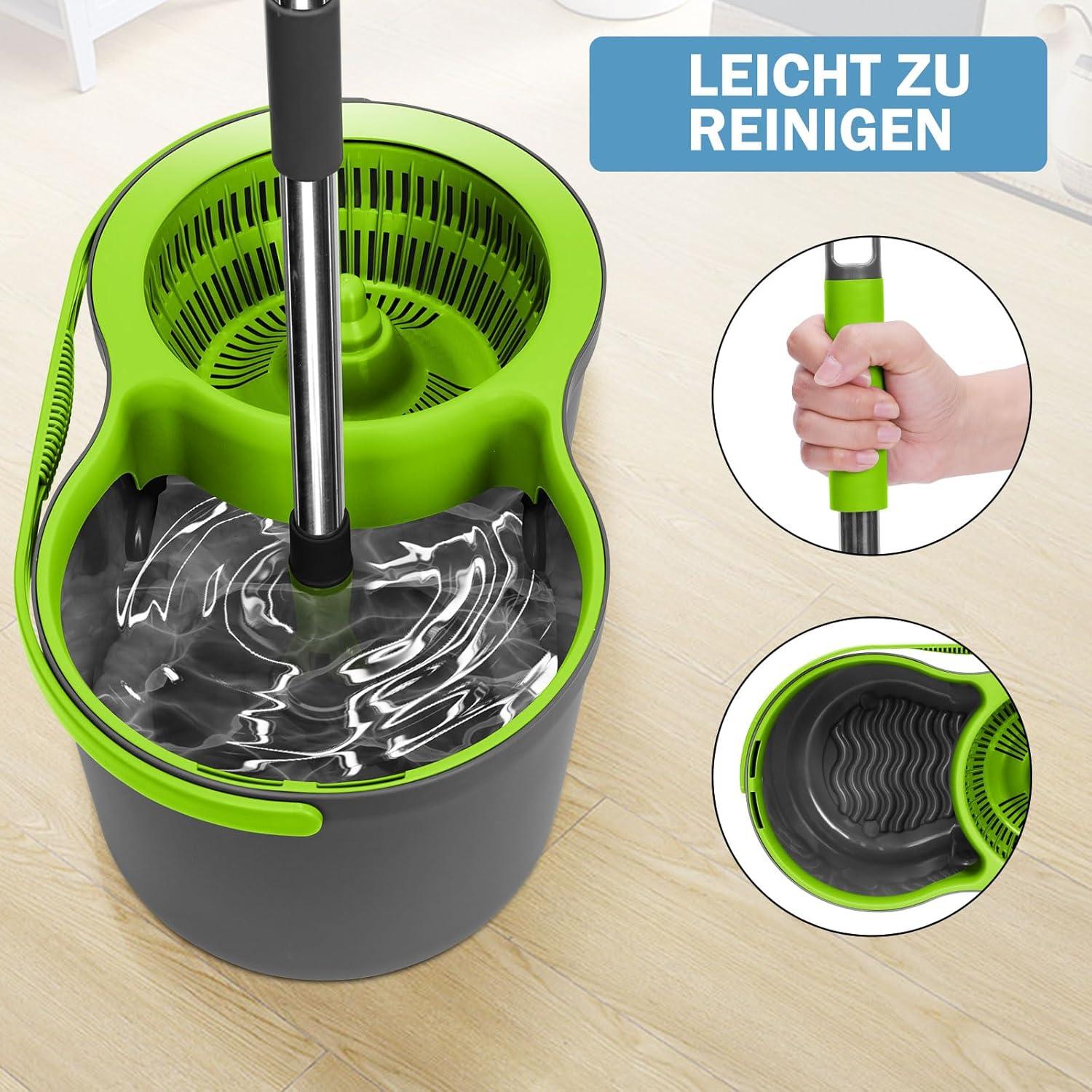 Wischmopp Set mit Eimer und 3 Mikrofaser-Pads für Laminat – Verstellbarer Edelstahlstiel, 360° drehbarer Moppkopf