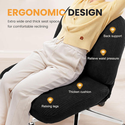 Ergonomischer Bürostuhl ohne Armlehnen, Schneidersitz-Sessel, Kordsamt, Schwarz