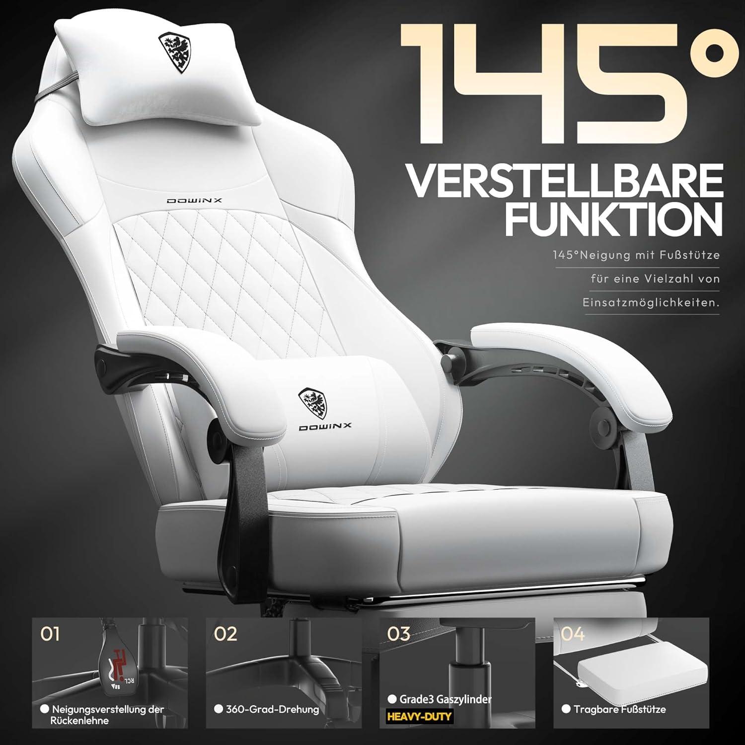 Dowinx Gaming Stuhl Racing Gamer 150KG, Weiß PU Leder