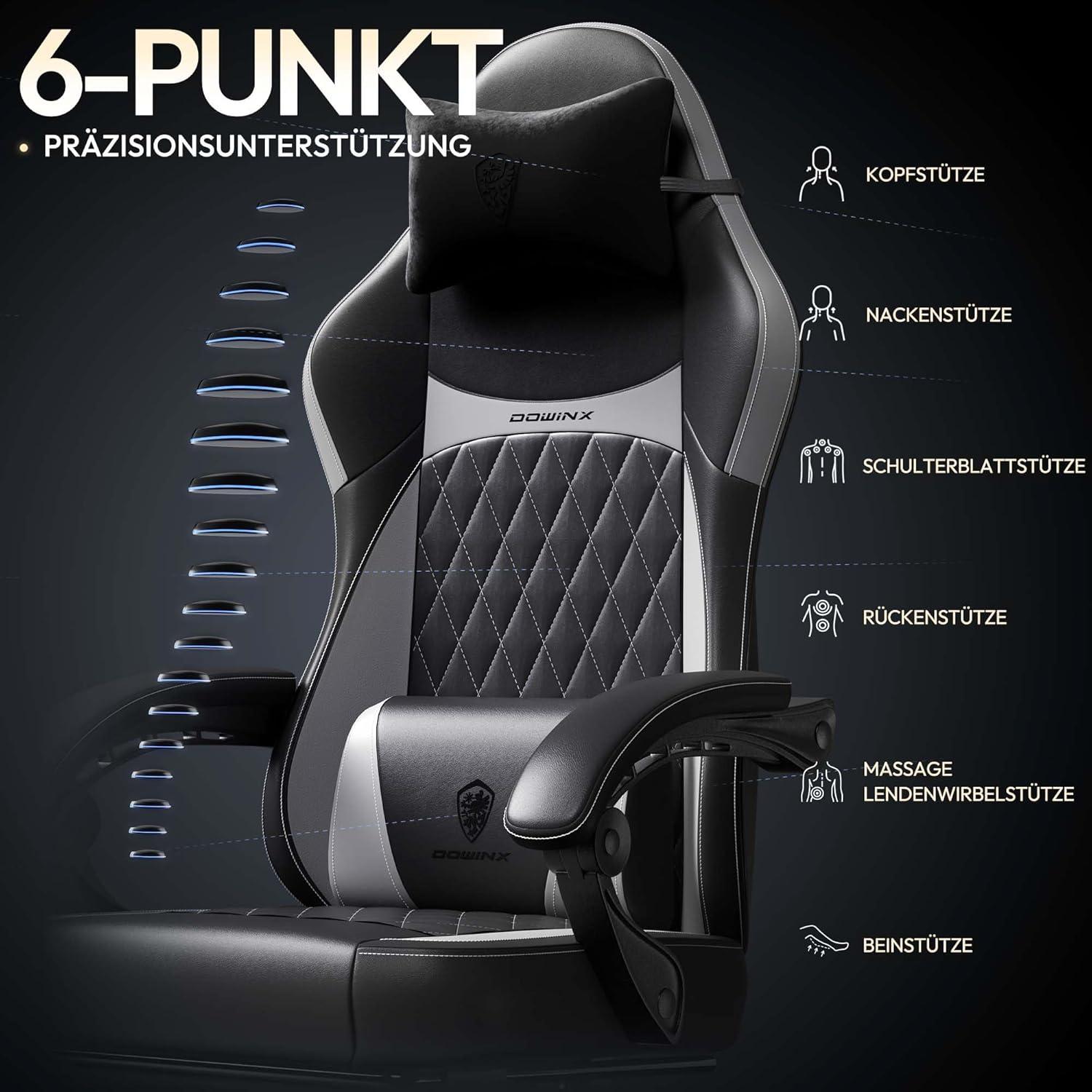 Gaming Stuhl Racing Gamer Ergonomisch Lendenstütze PU Leder 150KG Grau