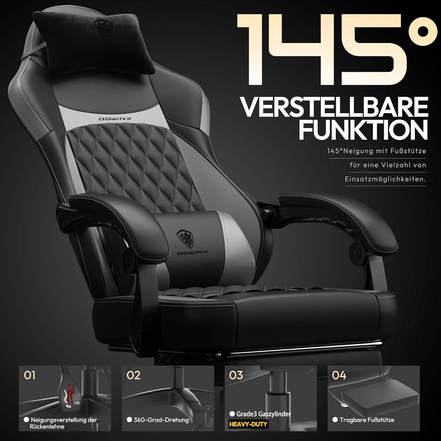 Dowinx Gaming Stuhl mit Lendenwirbelstütze, Fußstütze, PU Leder, grau