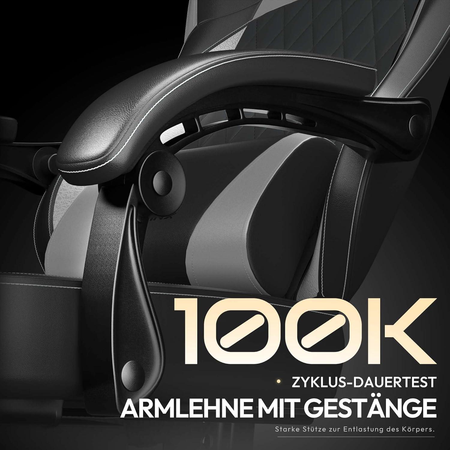 Gaming Stuhl Dowinx Racing Gamer Stuhl Ergonomisch 150KG Lendenwirbelstütze PU Leder Grau