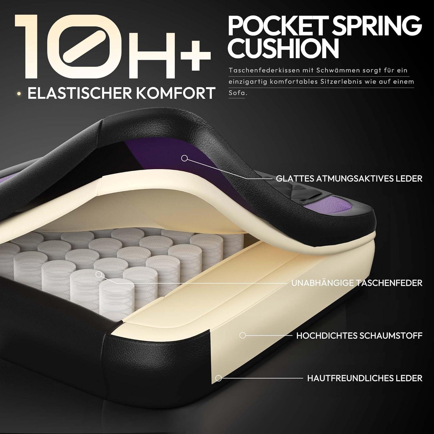 Ergonomischer Gaming Stuhl mit Lendenwirbelstütze und PU Leder, Lila, 150KG