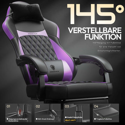 Ergonomischer Gaming Stuhl mit Lendenwirbelstütze PU Leder, Lila
