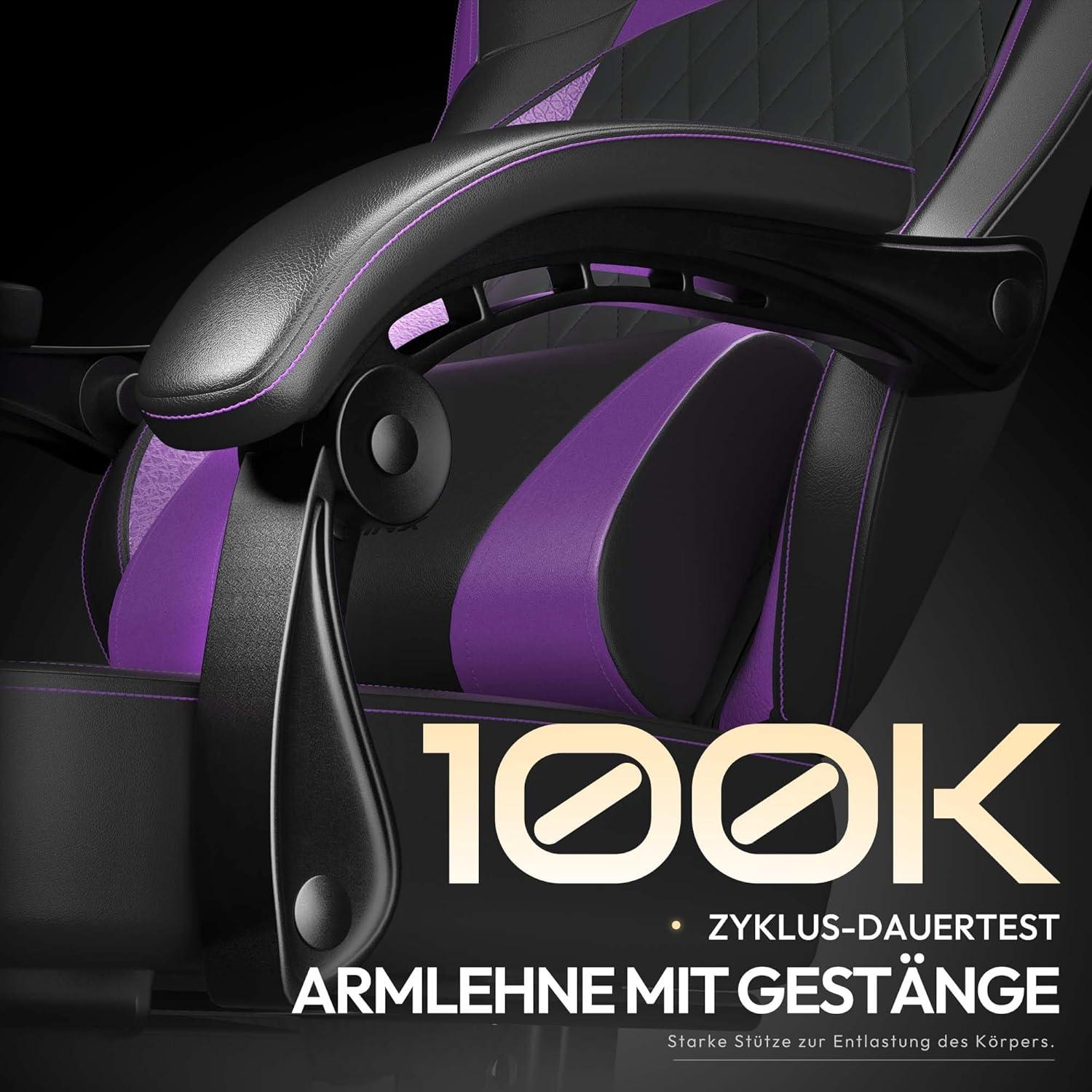 Ergonomischer Gaming Stuhl mit Lendenwirbelstütze und PU Leder, Lila, 150KG